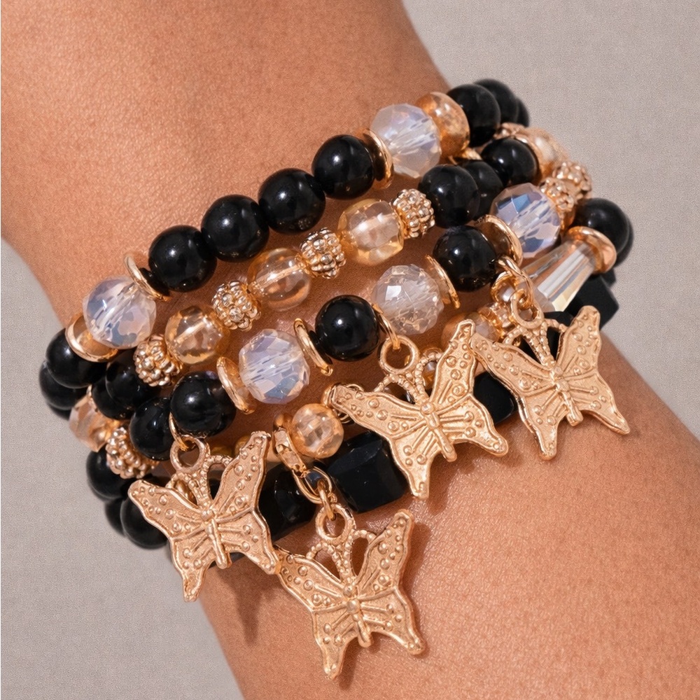 Black & Gold Butterfly Charm Beaded Bracelet Stack | Glam Boho Statement